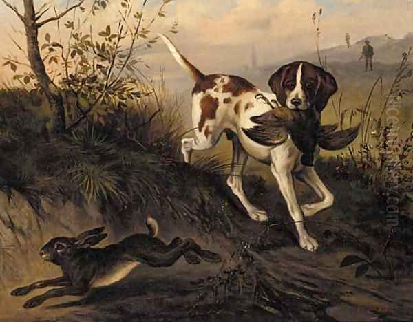 A gun dog with a pheasant chasing a hare Oil Painting by Luigi Vesco