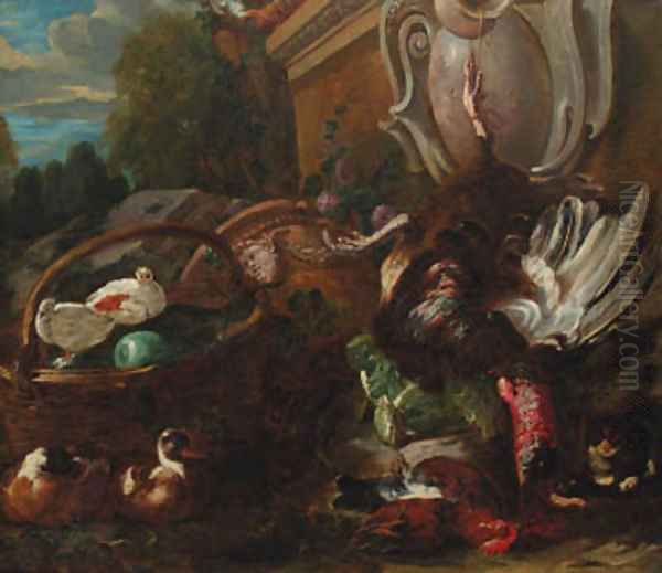 A dead turkey hanging on a rope from a sculpted cartouche on a pedestal Oil Painting by Candido Vitali