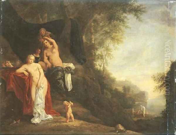 A wooded landscape with nymphs resting and a putto blowing bubbles, nymphs bathing beyond Oil Painting by Daniel Vertangen