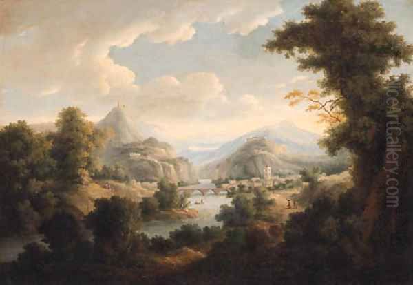 An extensive river landscape with a town by a bridge Oil Painting by Johann Christian Vollerdt or Vollaert