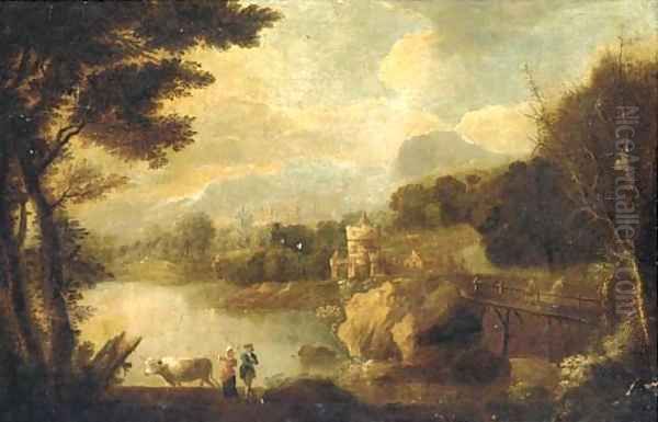 An Italianate landscape with figures and cattle by a river, a castle beyond Oil Painting by Johann Christian Vollerdt or Vollaert