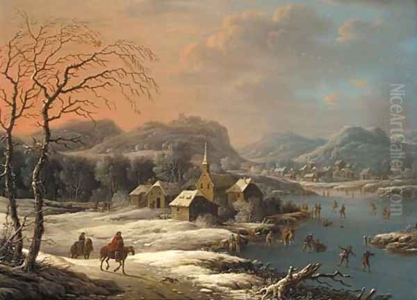 A mountainous winter landscape with ice skaters on a lake near a village Oil Painting by Johann Christian Vollerdt or Vollaert