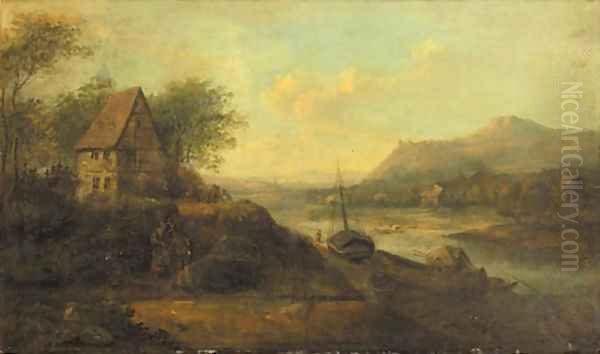 A Rhenish landscape with peasants conversing on a path by a farmhouse with ships moored at a quay Oil Painting by Johann Christian Vollerdt or Vollaert