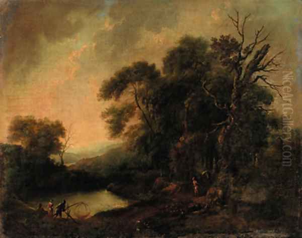 A wooded river landscape with fisherfolk on a bank Oil Painting by Johann Christian Vollerdt or Vollaert