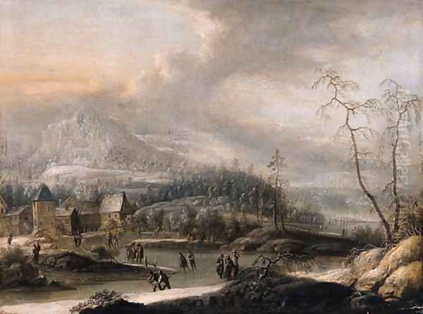 Peasants and skaters on a frozen waterway in a mountainous landscape Oil Painting by Johann Christian Vollerdt or Vollaert