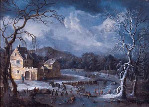 Winter landscapes with skaters and travellers on horsedrawn sledges by fortified mansions Oil Painting by Johann Christian Vollerdt or Vollaert