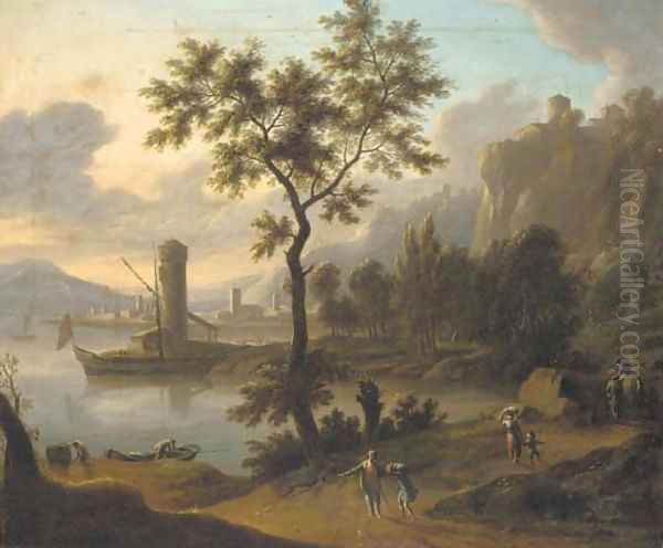 A coastal landscape with travellers on a path Oil Painting by Johann Christian Vollerdt or Vollaert