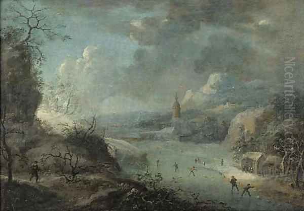 A mountainous winter landscape with skaters on a frozen river, a church beyond Oil Painting by Johann Christian Vollerdt or Vollaert