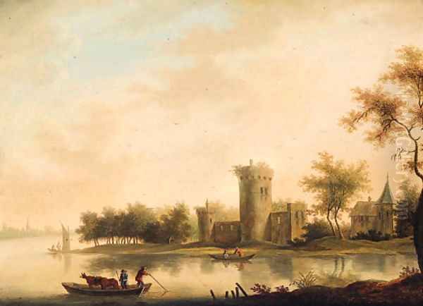 A river landscape with a ferry before a tower and a church Oil Painting by Johann Christian Vollerdt or Vollaert