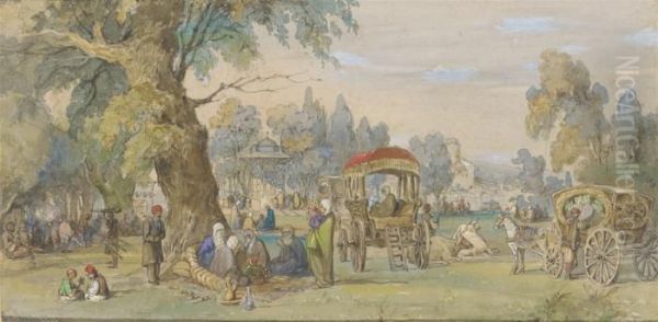 In A Turkish Park Oil Painting by Amadeo Preziosi