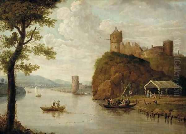 A river landscape with a ferry crossing before a hilltop castle, a town beyond Oil Painting by Johann Christian Vollerdt or Vollaert