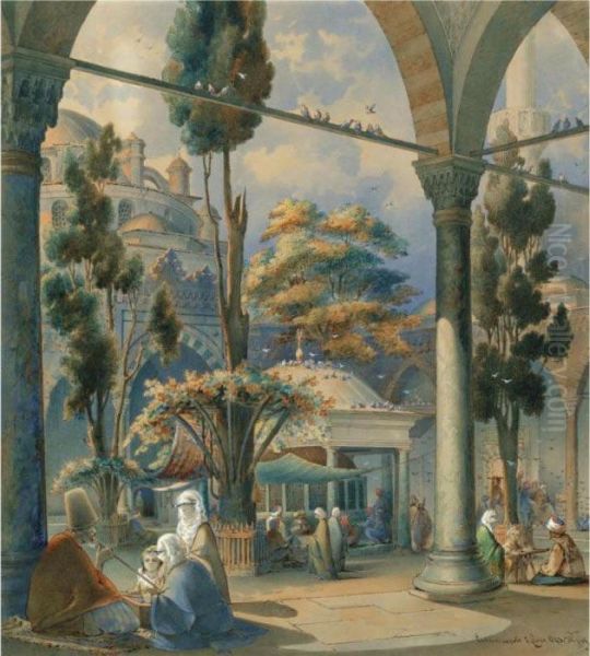 The Courtyard Of The Sultan Beyazit Cami, Constantinople Oil Painting by Amadeo Preziosi