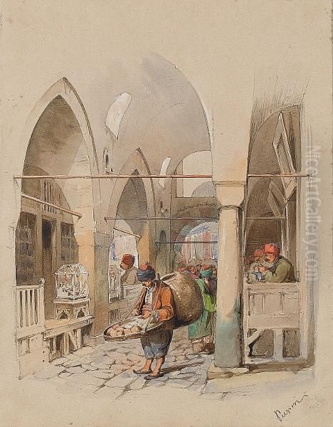 The Yoghurt Seller In 
Kapali Carsi Oil Painting by Amadeo Preziosi