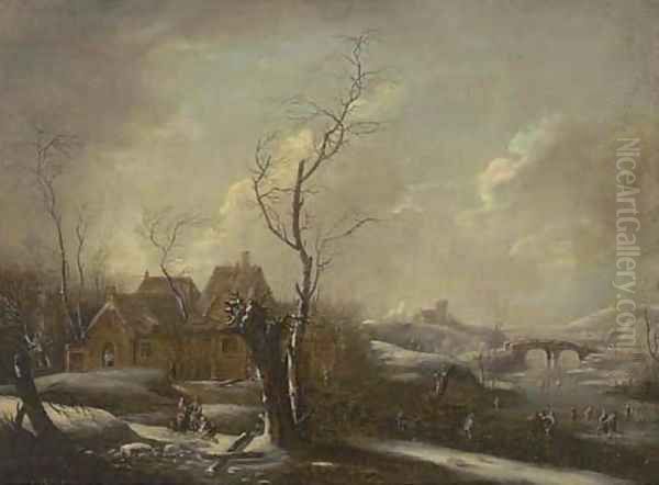 A winter landscape with skaters on a frozen river, a village nearby Oil Painting by Johann Christian Vollerdt or Vollaert