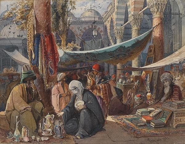 Market In The Courtyard Of The Mosque Of Sultan Beyazid Oil Painting by Amadeo Preziosi