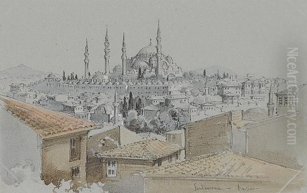 View Of Soulimanie Over Rooftops Oil Painting by Amadeo Preziosi