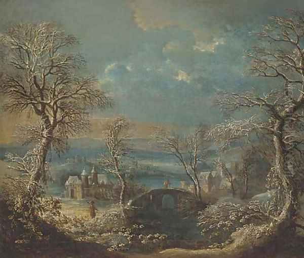 A wooded river landscape in winter with travellers Oil Painting by Johann Christian Vollerdt or Vollaert