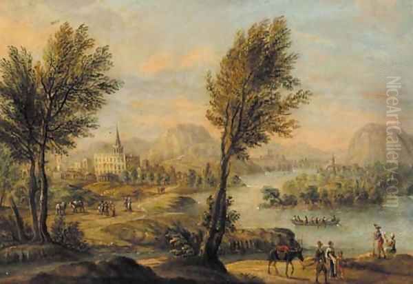 Travellers in a Rhenish landscape Oil Painting by Johann Christian Vollerdt or Vollaert