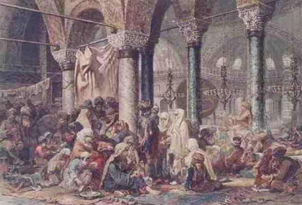 Refugees In The Gallery Of The Mosque Of Aya Sofya Oil Painting by Amadeo Preziosi