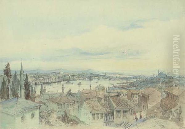 View Of The Golden Horn From The Hills Of Eyup, Constantinople Oil Painting by Amadeo Preziosi