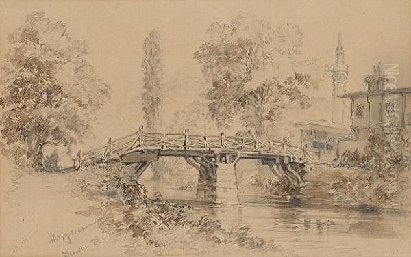 A Footbridge In Bursa Oil Painting by Amadeo Preziosi