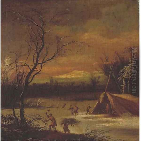 A mountainous river winter landscape with faggot-gatherers, a town beyond Oil Painting by Johann Christian Vollerdt or Vollaert