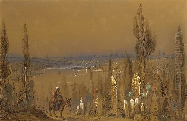 A Cemetery With Constantinople Across The Bosphorus Oil Painting by Amadeo Preziosi