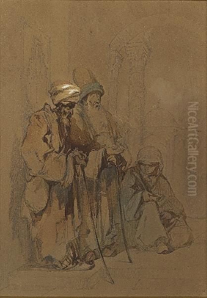 A Street Scene With Two Elderly Figures And A Female Beggar In The Street Oil Painting by Amadeo Preziosi