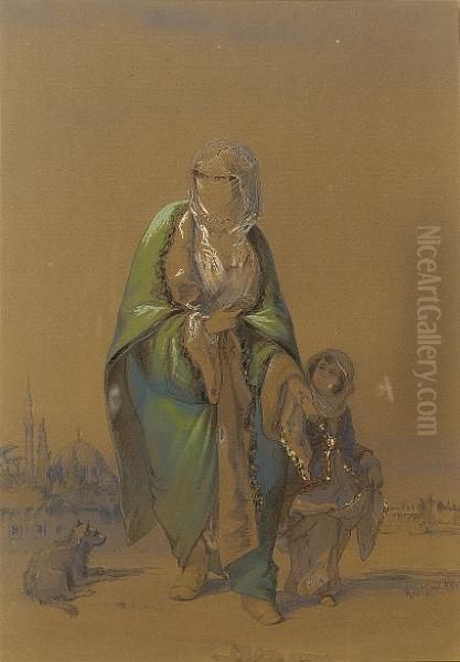 An Ottoman Lady Walking With A Child With A Mosque Behind Oil Painting by Amadeo Preziosi