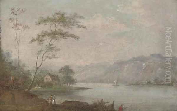 A river landscape with anglers and figures on a river bank, a house beyond Oil Painting by Johann Christian Vollerdt or Vollaert