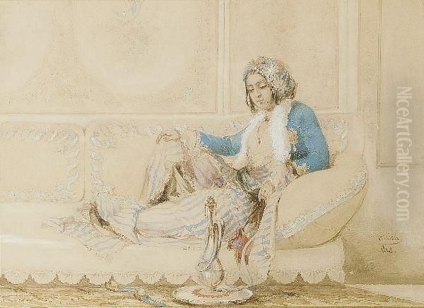 An Ottoman Maiden Reclining Smoking A Hookah Oil Painting by Amadeo Preziosi