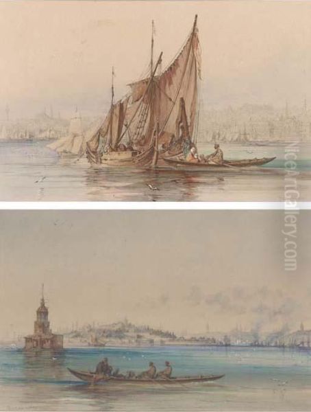 On The Golden Horn; And On The Bosphorus Before The Hagia Sophia (both Illustrated) Oil Painting by Amadeo Preziosi