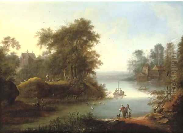 A wooded landscape with fishermen on the banks of a river, a church and watermill beyond Oil Painting by Johann Christian Vollerdt or Vollaert