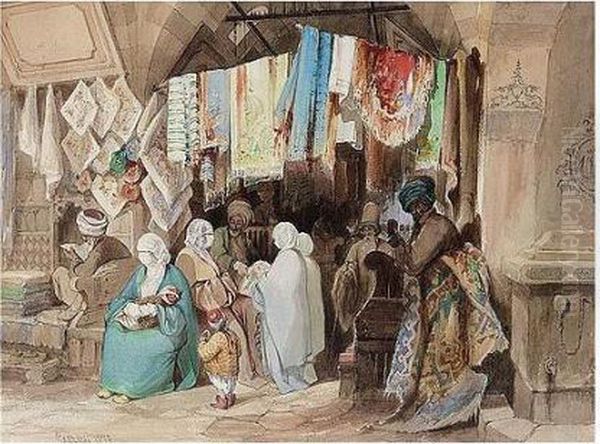 A Turkish Bazaar Oil Painting by Amadeo Preziosi