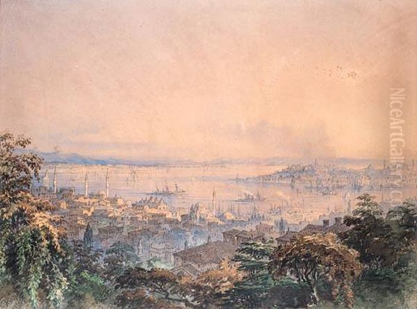 A View Of The Bosphorus; And A View Of Constantinople Oil Painting by Amadeo Preziosi