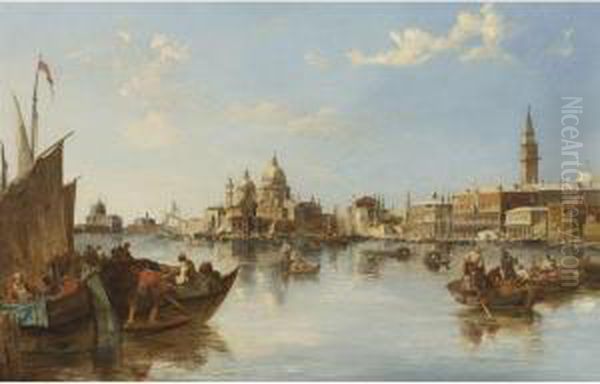 Gondolas And Fishing Boats At The Mouth Of The Grand Canal,venice Oil Painting by Edward Pritchett