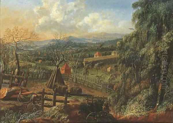 A wooded landscape with stacks of faggots in a meadow, a village beyond Oil Painting by Johann Christian Vollerdt or Vollaert