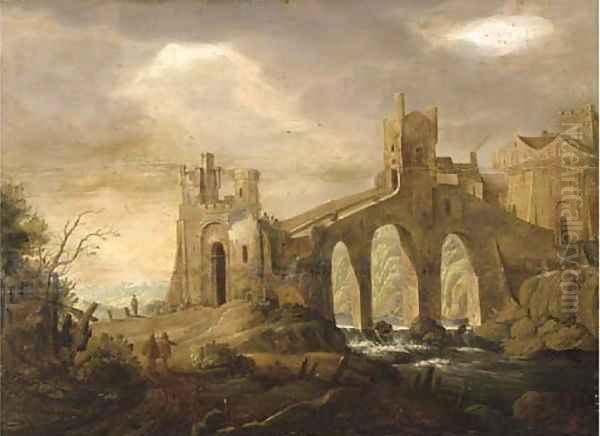 An Italianate river landscape with a bridge before a town Oil Painting by Johann Christian Vollerdt or Vollaert