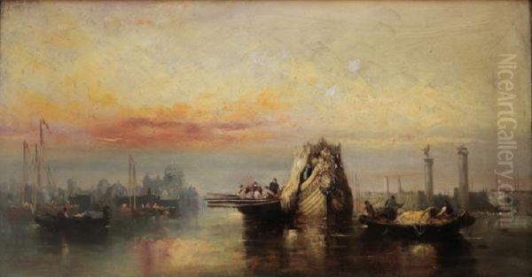 Barges And Other Vessels On The Venetian Lagoon, Sunset Oil Painting by Edward Pritchett