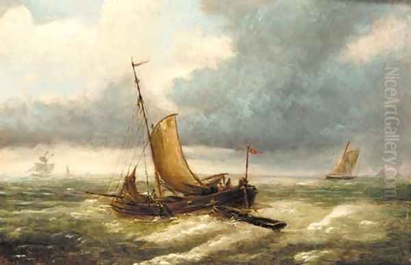 A fishing boat in choppy waters with other boats beyond Oil Painting by Louis Verboeckhoven