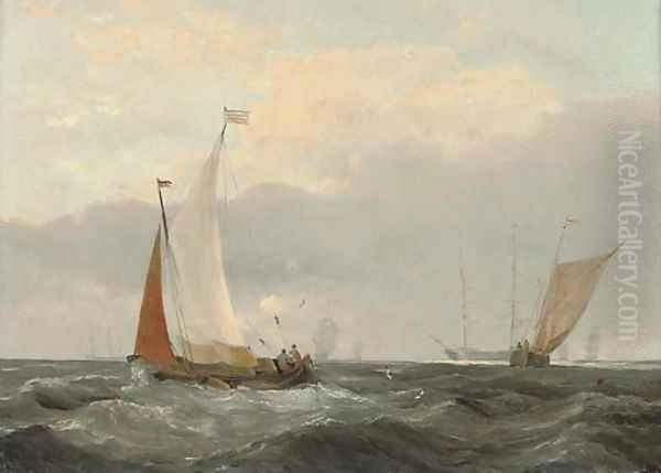 Barges at sea with a frigate anchored beyond Oil Painting by Louis Verboeckhoven