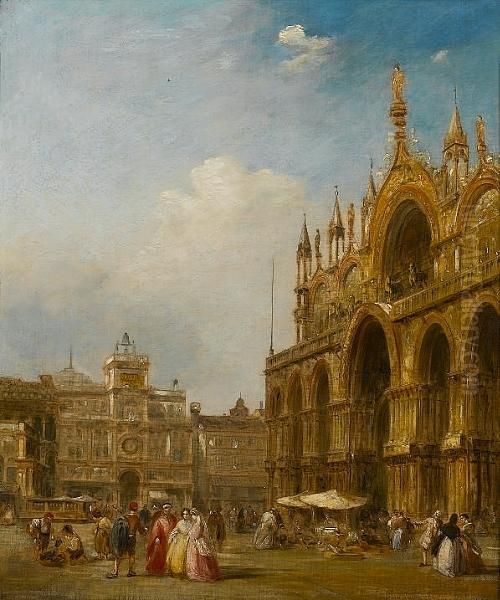 Figures In St Mark's Square; Figures Outside The Basilica Of St Mark Oil Painting by Edward Pritchett