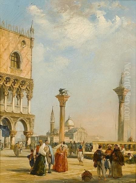 Figures In St. Marks Square, Venice; Figures In A Continental Town Oil Painting by Edward Pritchett