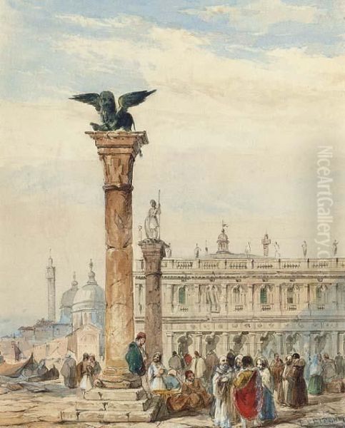 Figures Congregating Below The Lion Column, On The Piazzetta,venice Oil Painting by Edward Pritchett