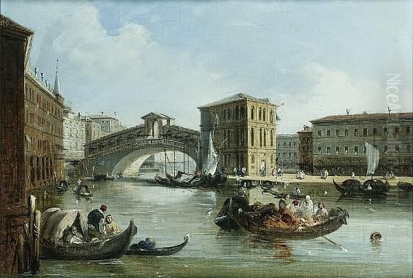 The Entrance To The Cannaregio, Venice; The Rialto Bridge, Venice Oil Painting by Edward Pritchett