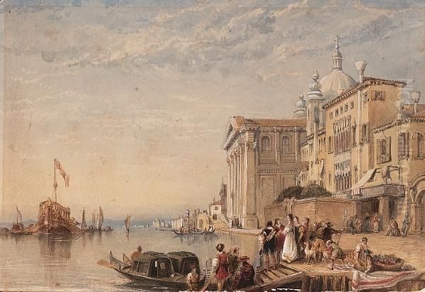 Embarking Onto The Gondola Outside The Church Of Il Gesuati, Venice Oil Painting by Edward Pritchett