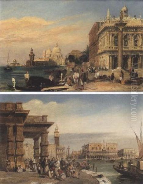 The Dogana And Santa Maria Della
 Salute From The Piazzetta St Marco, Venice; The Doge's Palace From The 
Dogana, Venice Oil Painting by Edward Pritchett