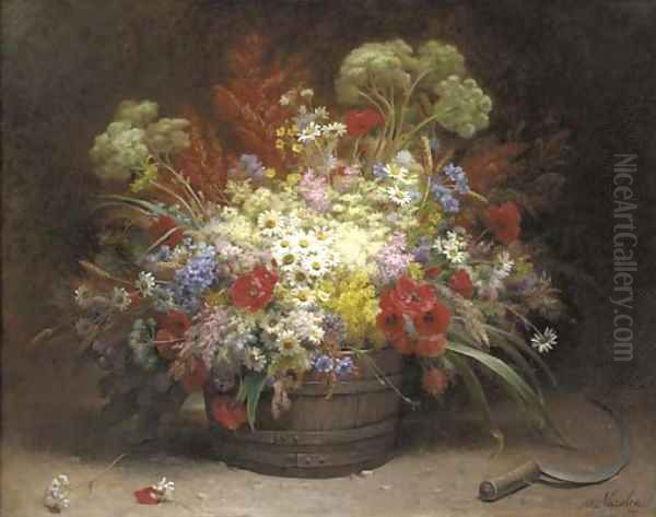 A bouquet of field flowers in a pail Oil Painting by Alice Vasselon