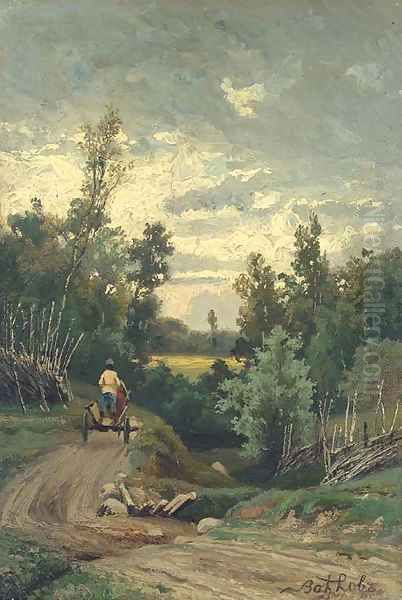 Peasant driving a telega through the countryside Oil Painting by Efim Efimovich Volkov