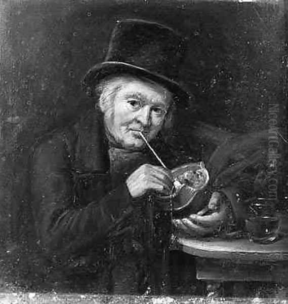 Portrait of a man lighting his pipe Oil Painting by Jan Jansen Vredenburg